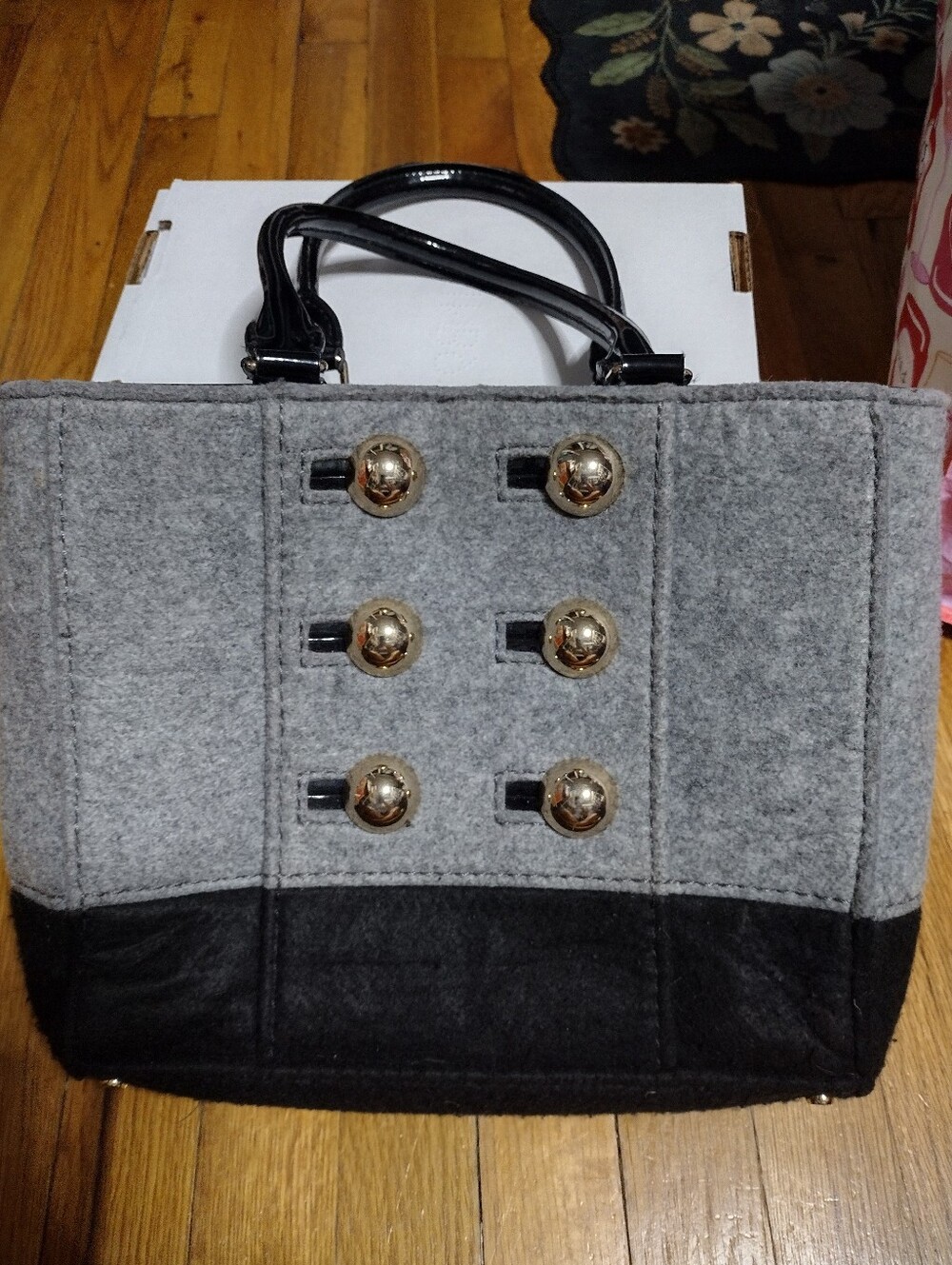 kate spade Gray and Black Quinn Felt Tote with Gold Button Accents